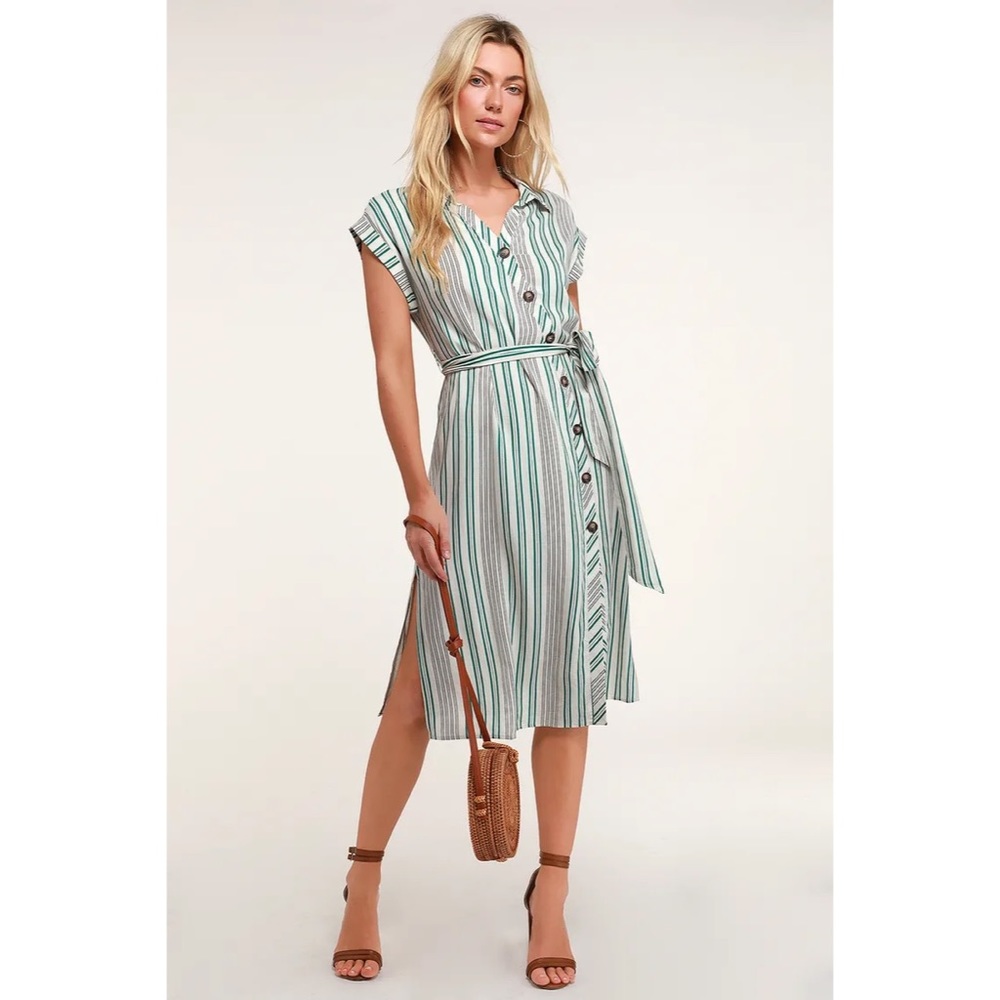 LULUS BACK TO CLASSICS GREEN AND WHITE STRIPED MIDI SHIRT DRESS SIZE MEDIUM